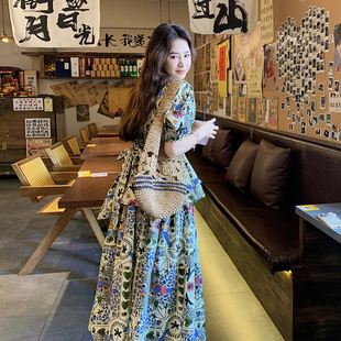 上衣半身裙兩件套 新款 碎花波西米亞后背大蝴蝶結(jié)套裝 裙女2025夏季