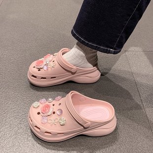 小個子增高半拖百搭輕便eva厚底洞洞鞋 韓系甜美玫瑰洞洞鞋 女夏季