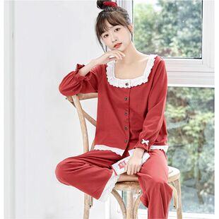 薄款 家居服套裝 長袖 時尚 夏 甜美蕾絲花邊公主風開衫 春秋睡衣女新款