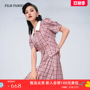 復古氣質拼色格子小衫 新款 短上衣女 夏季 一電影一時裝
