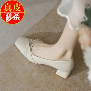 新款 女奶奶鞋 真皮方頭軟皮高跟鞋 粗跟單鞋 女職業(yè)工作鞋 2025春秋季