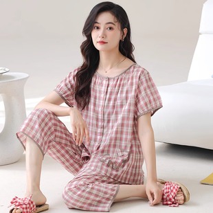 紗布純棉短袖 全棉大碼 七分褲 夏天夏款 可外穿家居服 薄款 睡衣女夏季