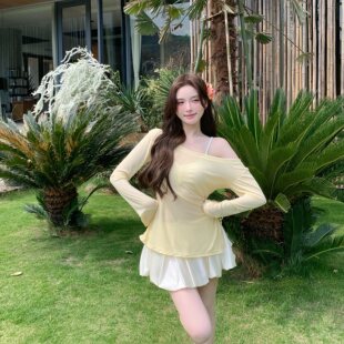 omom純欲少女分體泳衣四件套斜肩罩衫 顯瘦蓬蓬裙溫泉海邊度假泳衣