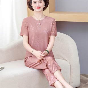 冰絲短袖 專柜媽媽夏季 洋氣中老年女裝 顯瘦套裝 T恤上衣兩 提花薄款