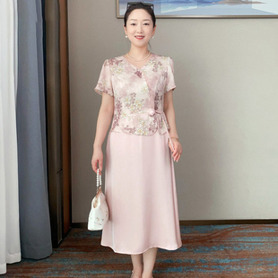 新中式 媽媽裝 假兩件連衣裙夏季 新款 提花長 專柜新品 中年女短袖 推薦