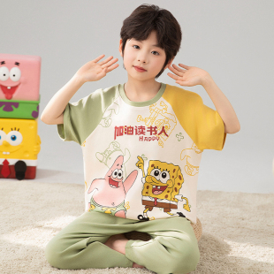 青少年初中生派大星家居服 長褲 海綿寶寶男童睡衣兒童夏季 純棉短袖