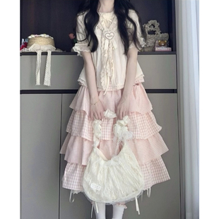 粉色格子中長款 少女感甜妹套裝 上衣 襯衫 蛋糕半裙兩件套 花邊短袖