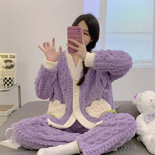 珊瑚絨產(chǎn)婦月子服加厚加絨法蘭絨哺乳孕婦睡衣產(chǎn)后喂奶套裝