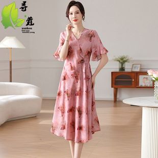 媽媽裝 寬松中年女士裙子薄款 50歲中老年夏季 連衣裙女時尚 薄款 大碼