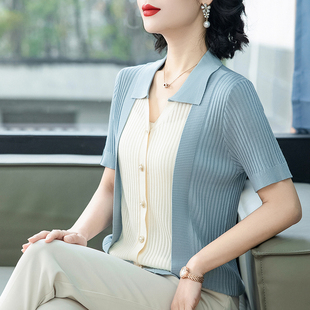 夏裝 洋氣薄款 針織小衫 媽媽裝 假兩件上 2025新款 專柜柒陽中老年女裝