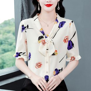 媽媽氣質(zhì)小衫 專柜時尚 上衣新款 女士真絲短袖 洋氣減齡寬松 高檔夏季