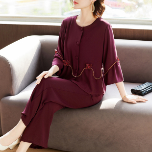 中老年女紅色喜婆婆婚宴兩 真絲小衫 專柜媽媽端莊大氣2025新款 夏裝