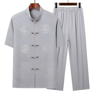 男士 中國(guó)風(fēng)刺繡爺爺夏季 短袖 爸爸夏裝 老人衣服 套裝 專(zhuān)柜中老年唐裝