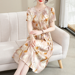 專柜媽媽夏裝 桑蠶絲連衣裙中年女真絲裙子中老年端莊大氣 2025新款