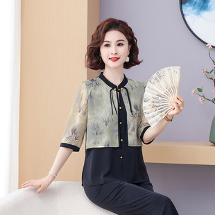 國風(fēng)雪紡衫 新中式 套裝 中老年女裝 專柜媽媽夏裝 春夏七分袖 2025新款