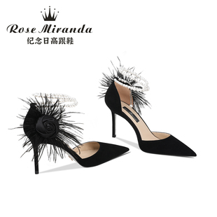 玫瑰米蘭達RoseMiranda紀念日高跟鞋 女 黑色百搭細跟尖頭中空涼鞋