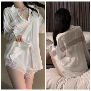 套裝 短褲 緞面冰絲蕾絲花邊鏤空絲滑透氣家居服 襯衫 白色睡衣女長袖
