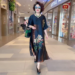 媽媽真絲桑蠶絲大碼 年輕款 寬松長裙 新款 高端香云紗連衣裙2025夏季