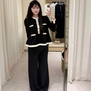 腿顯瘦腰闊套頭松緊上衣氣 女黑白小香風拼色2025針織衫 南油長袖 褲