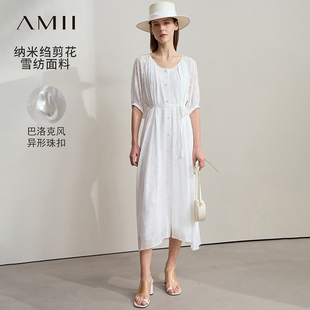 系帶襯衫 插肩五分袖 裙 提花雪紡連衣裙女夏寬松中長款 Amii優(yōu)雅個性