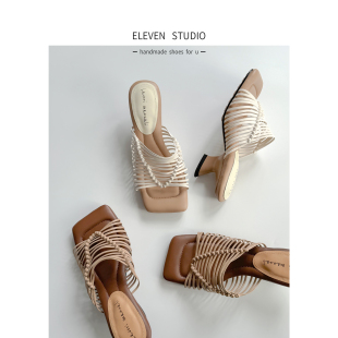 Eleven‘shoes 方頭中跟涼拖 兩種跟高小眾編織涼鞋 月半 5CM