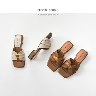 法式 2.5CM 氣質方頭真皮涼拖鞋 女夏季 綿束 外穿 Eleven‘shoes