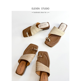 外穿 女夏季 編織真皮中跟方頭套趾涼拖鞋 居安 Eleven‘shoes