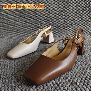 涼鞋 品牌撤柜斷碼 粗高跟方頭氣質一字扣后空羊皮時尚 真皮女鞋 新款
