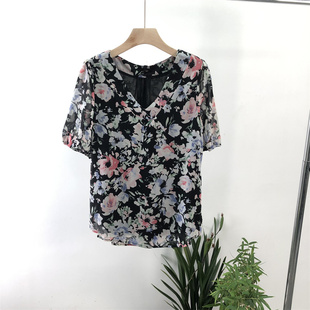 雪紡襯衫 外貿(mào)歐美 V領(lǐng)短袖 花色大碼 上衣 夏季