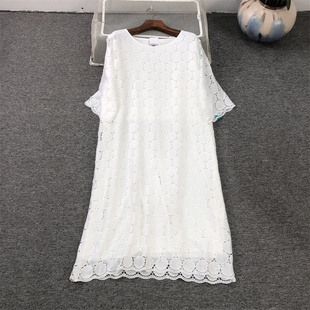 蕾絲花中袖 夏季 A字寬松休閑連衣裙 女裝 外貿(mào)大碼