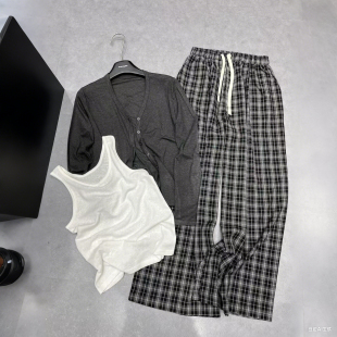三件套女長袖 休閑套裝 防曬衣開衫 格子直筒長褲 白色背心 BSMD正品