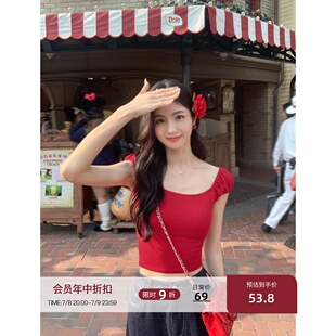 甜辣別致露臍短款 MULVAN t恤女夏修身 紅色方領短袖 小上衣 法式