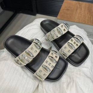 新款 2025夏季 時尚 百搭一字涼拖鞋 托 外穿鉚釘涼鞋 限時福利