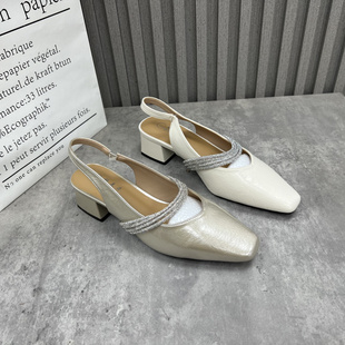 處理女鞋 粗跟中跟后空優(yōu)雅包頭女涼鞋 2025夏季 法式 新款 清倉斷碼