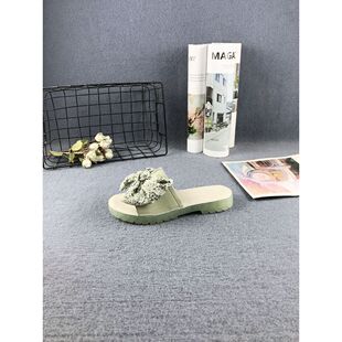 牛皮軟底拖鞋 新款 蝴蝶結平底外穿百搭一字涼拖女 夏季 真皮專柜斷碼