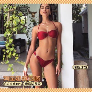 walkingChic紅色比基尼性感暴露聚攏三點(diǎn)式 三角分體游泳衣女純欲