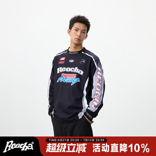 REOCHA熱呈春秋撞色拼接logo印花復古賽車服潮牌情侶長袖 T恤男