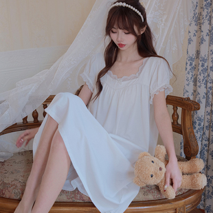 公主風寬松學生家居服 新款 甜美少女感蕾絲花邊純色短袖 睡裙女夏季