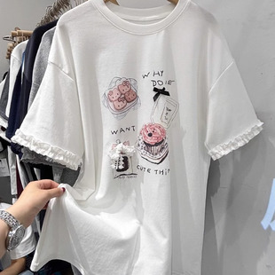 大碼 T恤女寬松顯瘦上衣 胖妹妹韓系減齡趣味卡通印花蕾絲花邊短袖