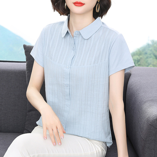 t恤中老年時尚 媽媽夏裝 女寬松洋氣純棉半袖 襯衫 百搭翻領上衣 短袖