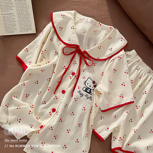 可愛甜美娃娃領少女網紅風KT貓家居服套裝 夏款 短褲 短袖 睡衣女夏季