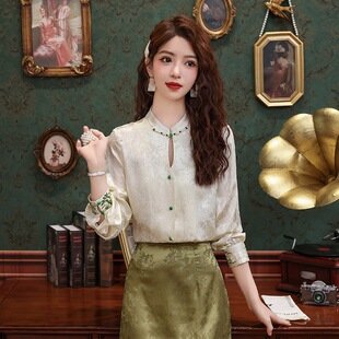 提花桑蠶絲氣質小衫 立領盤扣真絲襯衫 新中式 高品質減齡中年女新款