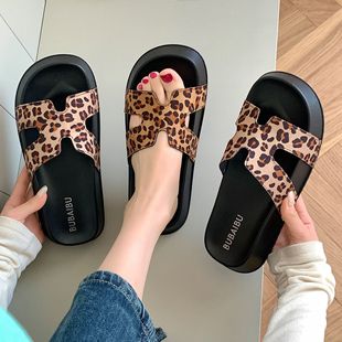 女 涼拖鞋 跨境代發(fā)夏季 一腳蹬H帶一字厚底豹紋超火輕便沙灘涼鞋