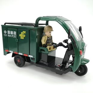 快遞三輪車兒童玩具車郵政外賣送餐電瓶車聲光仿真合金汽車模型