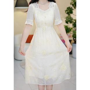 媽媽優(yōu)雅顯瘦減齡中長款 新款 裙子 精致刺繡連衣裙女2025夏季 時(shí)尚