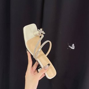 涼鞋 涼拖女鞋 女外穿2025夏季 水鉆粗跟配裙子拖鞋 新款 蝴蝶結高跟鞋