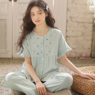全棉棉紗睡衣女高級刺繡圓領中式 薄款 短袖 長褲 夏季 家居服套裝 新款