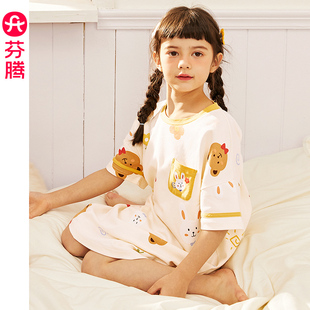 可愛睡衣中大童寶寶女孩兒童家居服 純棉薄款 芬騰女童睡裙夏季 短袖