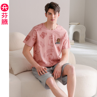 睡衣夏季 青年休閑大碼 純棉短袖 涼感布朗熊套裝 家居服 薄款 芬騰男士