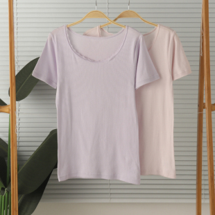 半袖 家居服睡衣上衣打底衫 夏 超柔花邊圓領(lǐng)短袖 外貿(mào)女針織純棉薄款